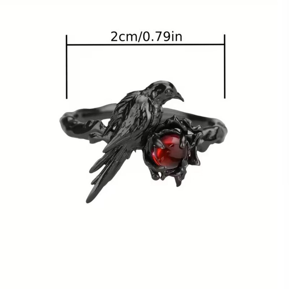 Gothic Viking Crow Ring Featuring Red Synthetic Zirconia Center Stone Z142 - Picture 2 of 2